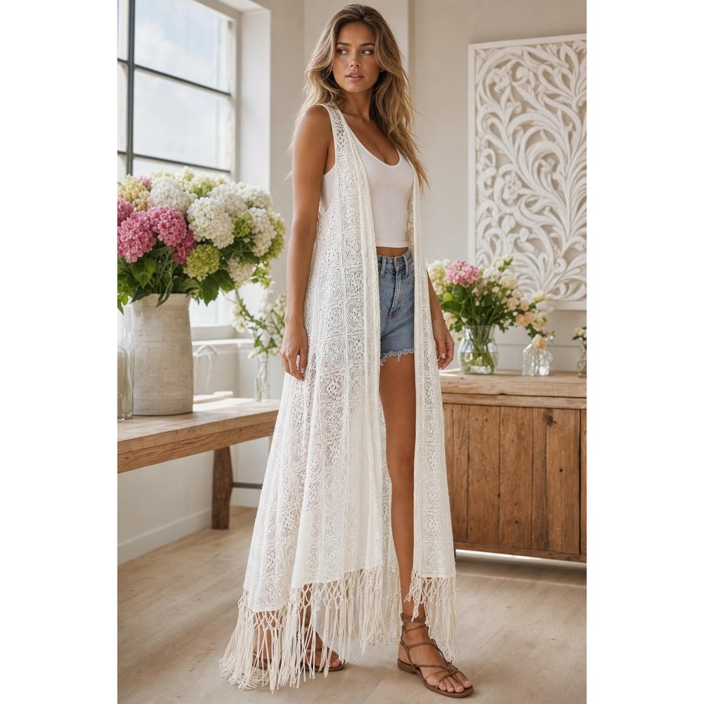 Love‎ By Design Lace Duster Vest Women's S Ivory Open Front Fringe Boho Festival